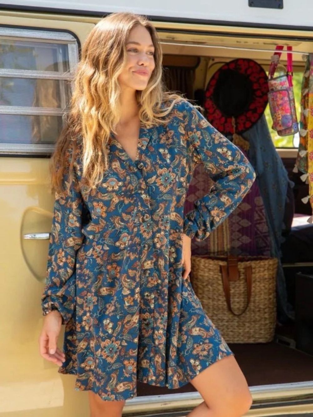 NATURAL LIFE Teal and Brown Paisley Button-Front Mini Dress